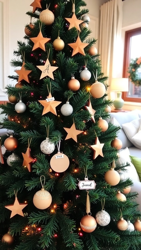 A Christmas tree decorated with eco-friendly ornaments and personalized touches in a cozy living room.